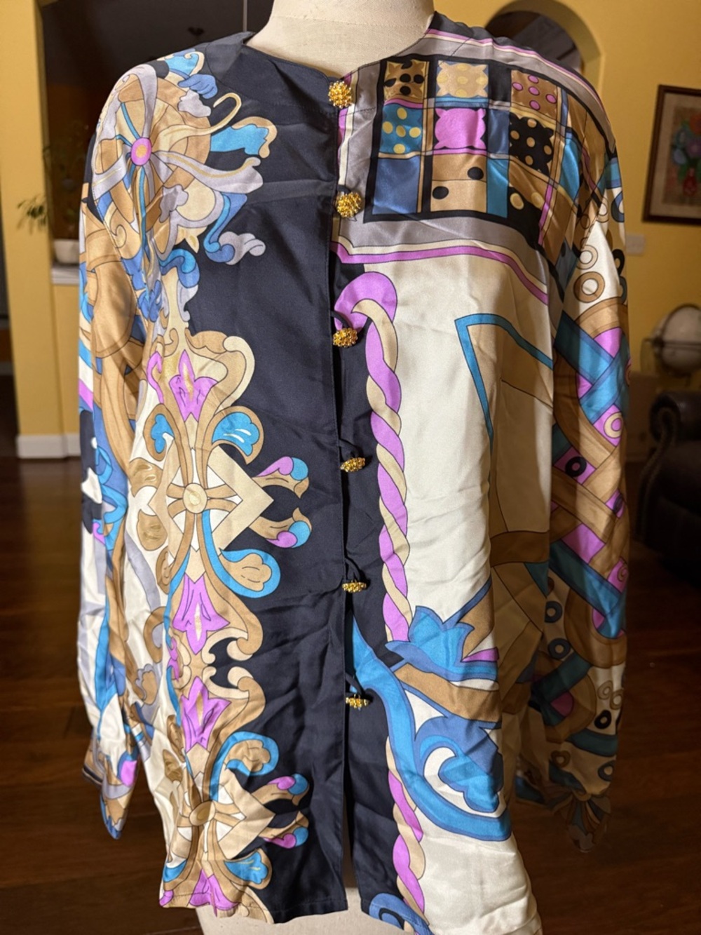 Vintage 100% Silk Louis Feraud Printed Women’s Multicolor Blouse Gold Buttons
